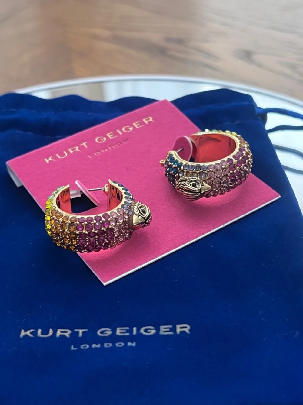 Kurt Geiger Rainbow Crystal Logo Hoop Earrings - Picture 2 of 6